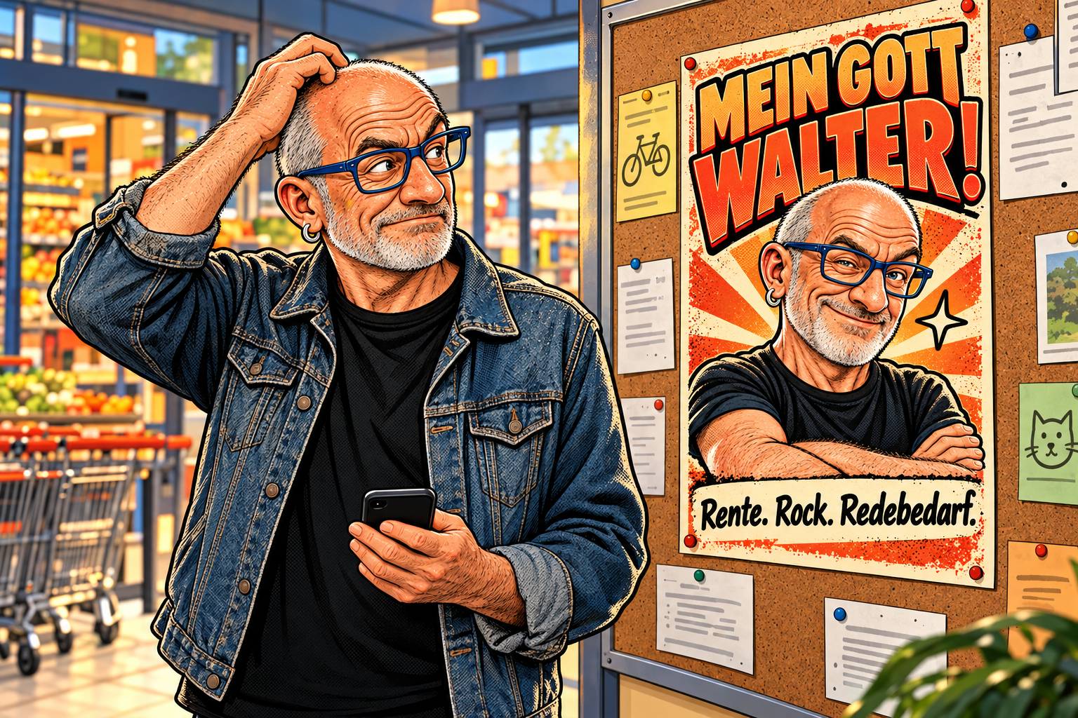 Comicillustration: Walter zeigt sich an
