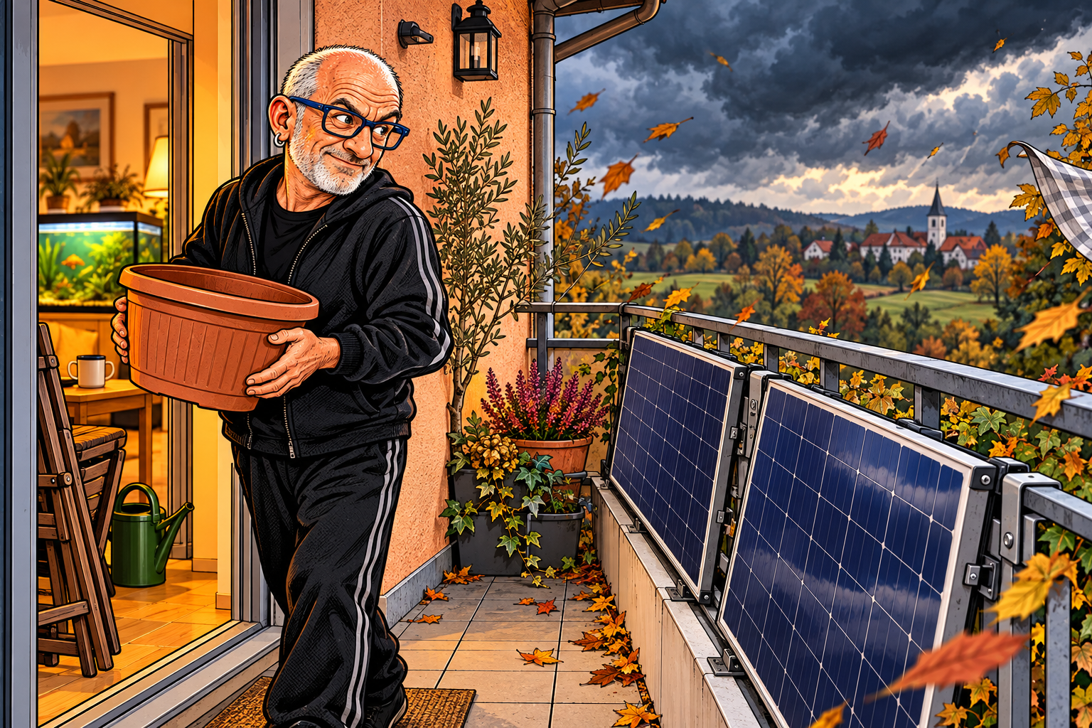 Comicillustration: Bombenwetter! Walter räumt lieber den Balkon.