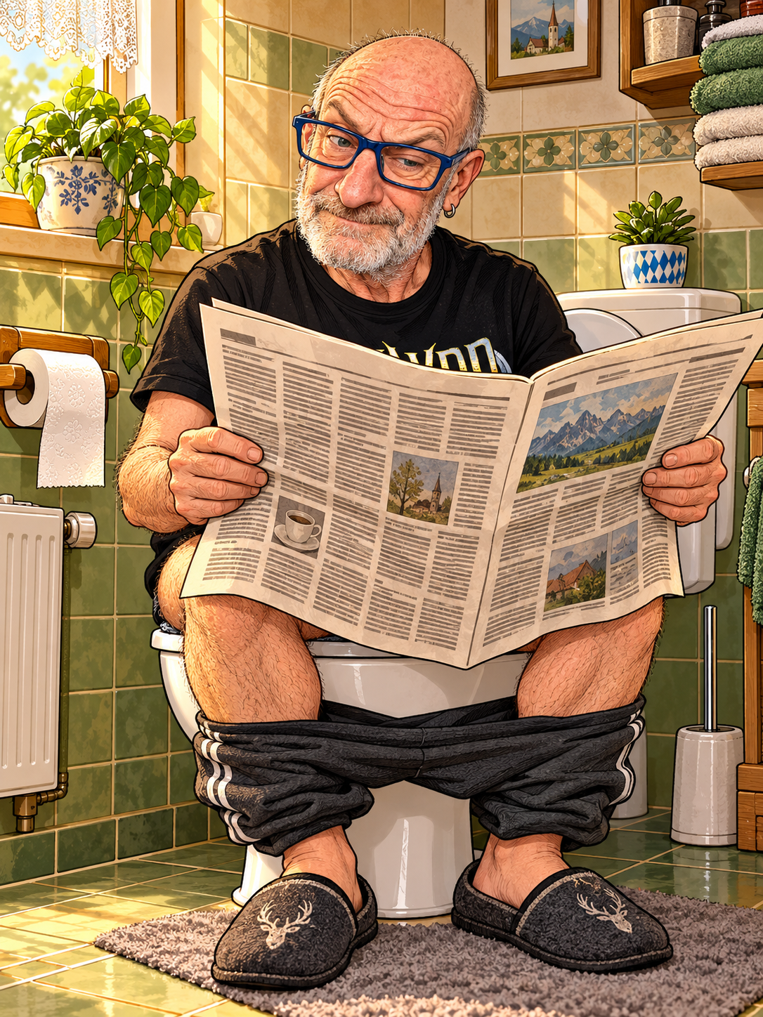 Comicillustration: „Früher hab ich die Zeitung gelesen, damit sich was bewegt. Heute hoff ich, dass wenigstens hier noch was vorwärtsgeht.“ 😄