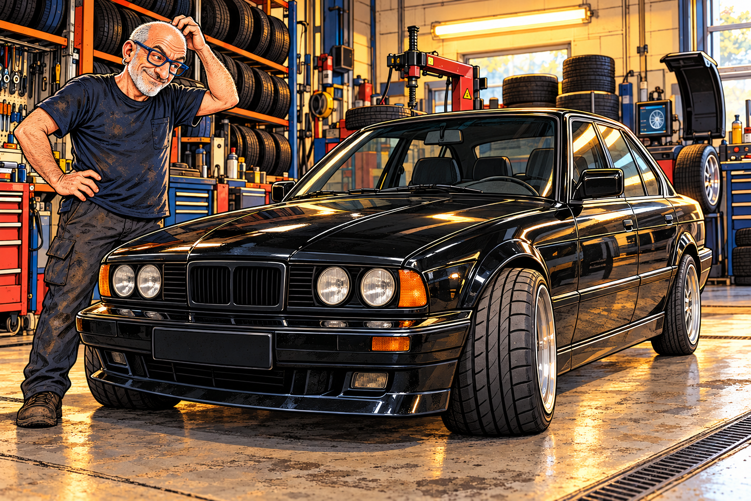 Comicillustration: Vier Räder. Zwei Achsen. Eine feste Überzeugung.