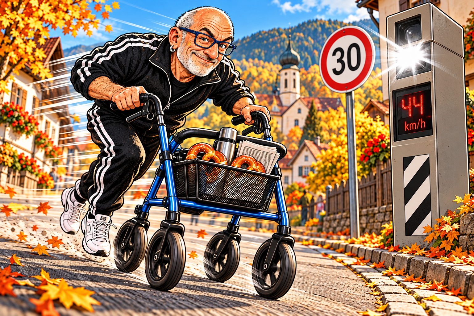 Comicillustration: Walter und der Rollator mit Sportfahrwerk