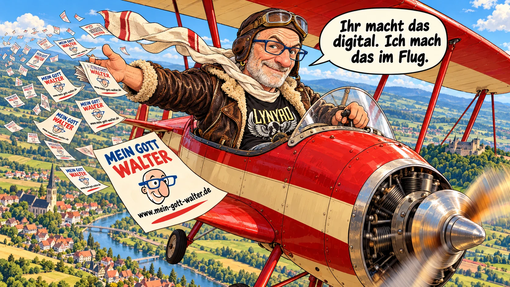Walter wirft im Comic aus einem roten Doppeldecker Werbeflugblätter ab
