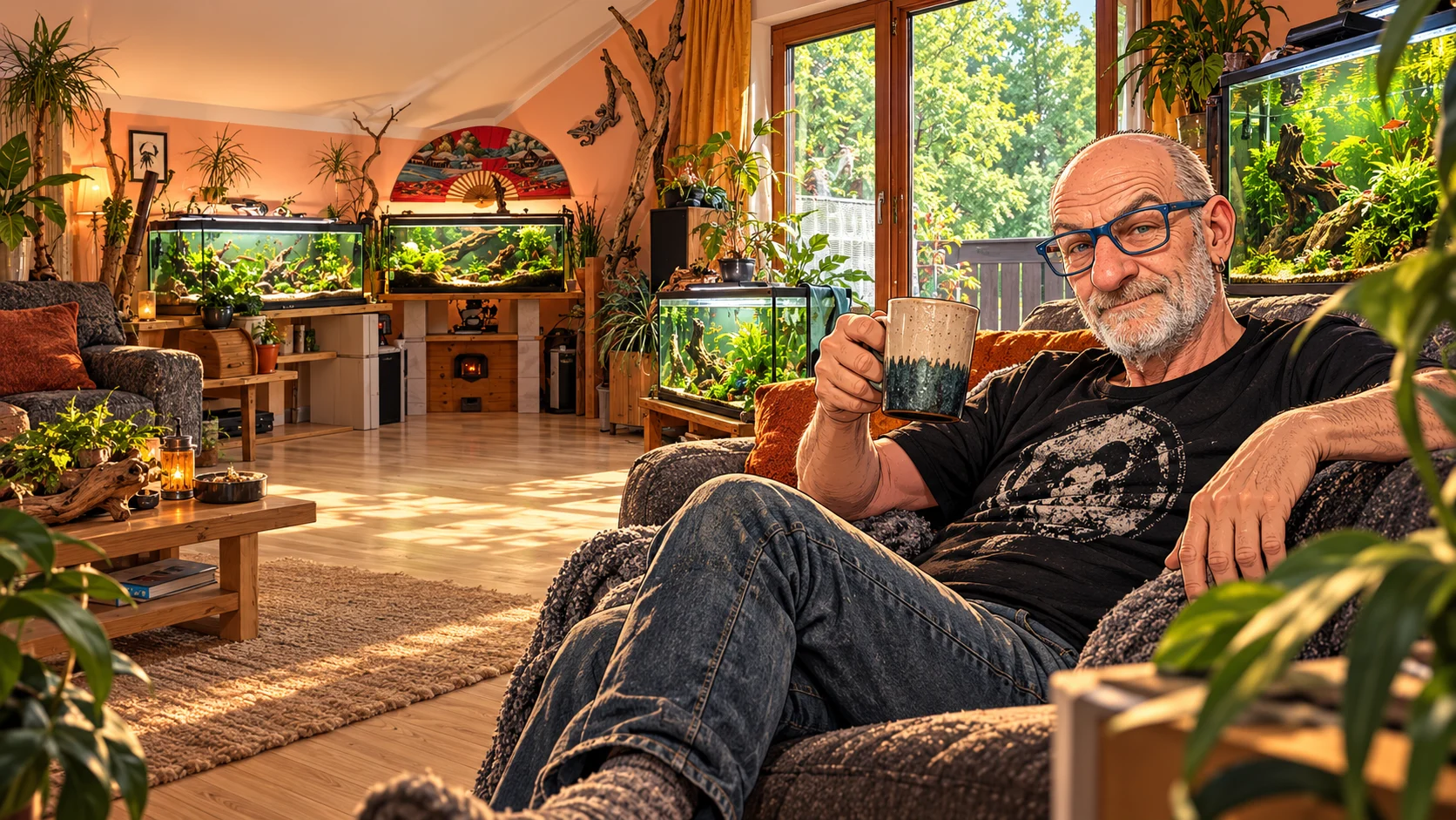 Walter mit blauer Brille und Kaffeetasse im Aquarienwohnzimmer